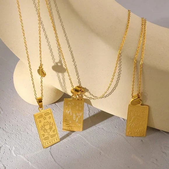 NEW 18K Gold Plated Gemini Sign Zodiac Tarot Card Square Pendant Ne… - Picture 7 of 14